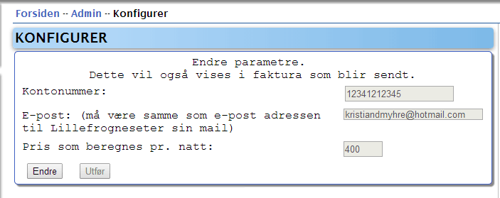Konfigurasjon av e-postadresse, kontonummer og pris.